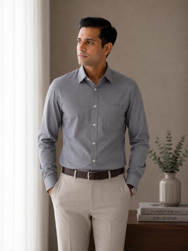 Arvind Fil-a-Fil 100% Pure Cotton Solid Formal Shirt – Charcoal Grey